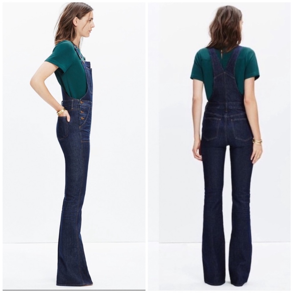 Madewell Flea Market Flare Denim Overall in Dark Washed indigo